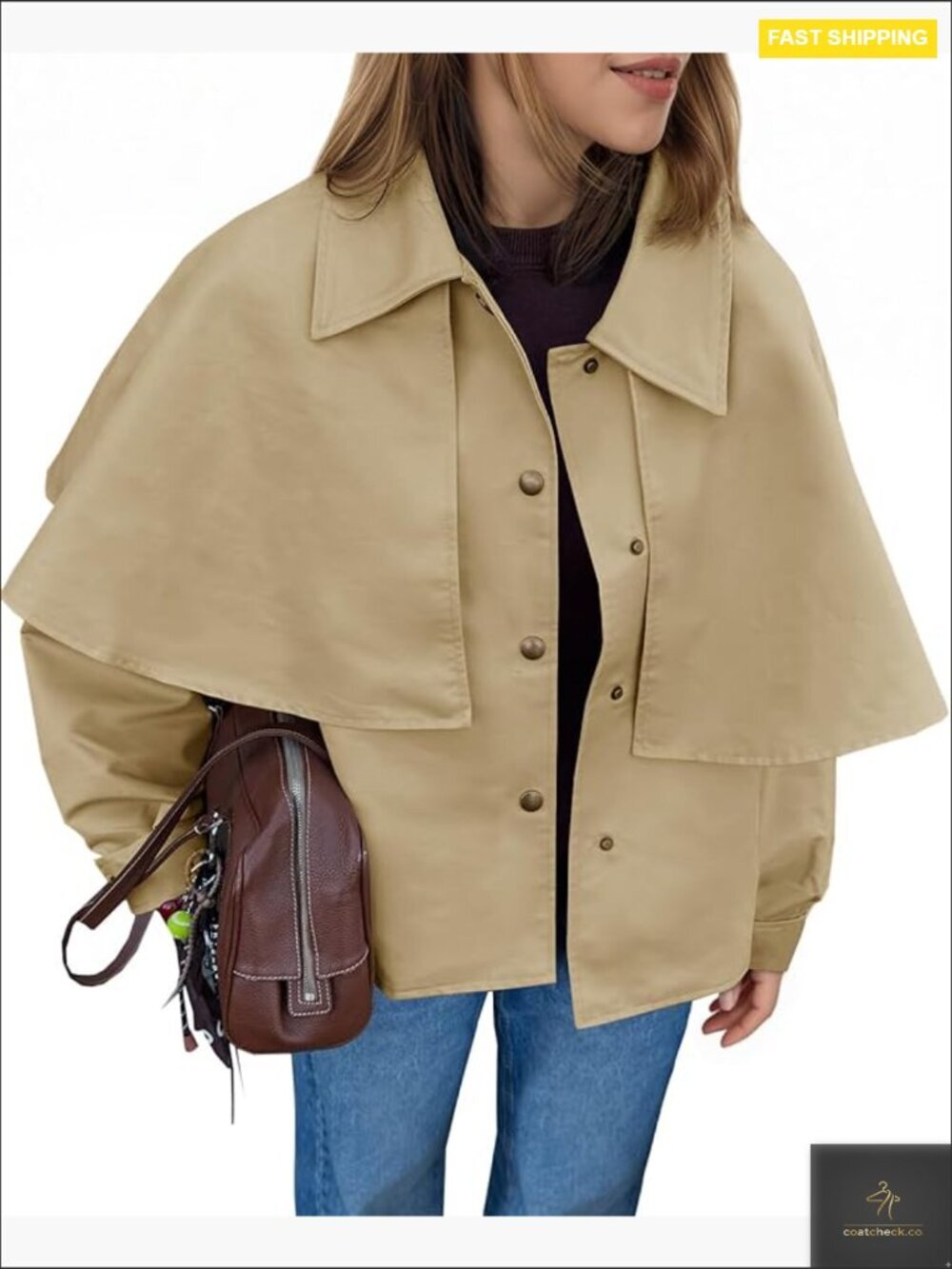 Cropped Trench Coat Cape Sleeve Classic Lapel Chic Fall Outerwear Jacket